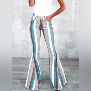 Striped Retro Bellbottoms Turquoise/ Grey/ Gray, White